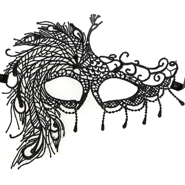 Маска кружевная, фигурная, Павлин, Черный, 16*24 см, 1 шт.