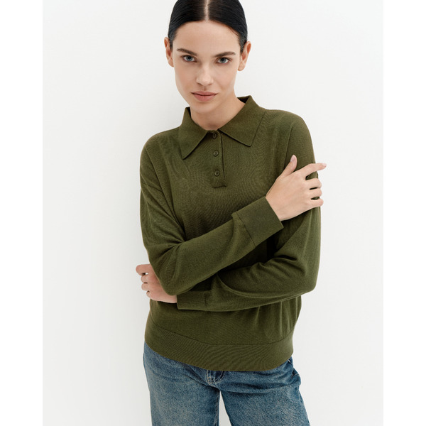 Шерстяной джемпер с воротником поло, хаки