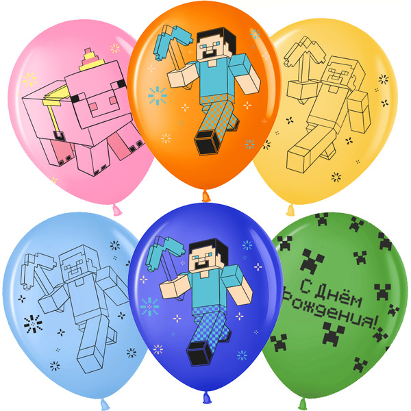 Шар (12"/30 см) С Днем Рождения! Пиксельный Герой, Ассорти, пастель, 2 ст, 25 шт.