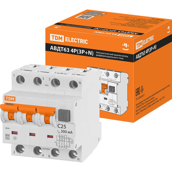 Дифавтомат TDM ELECTRIC АВДТ 63 4п, C25, 300 мА SQ0202-0026