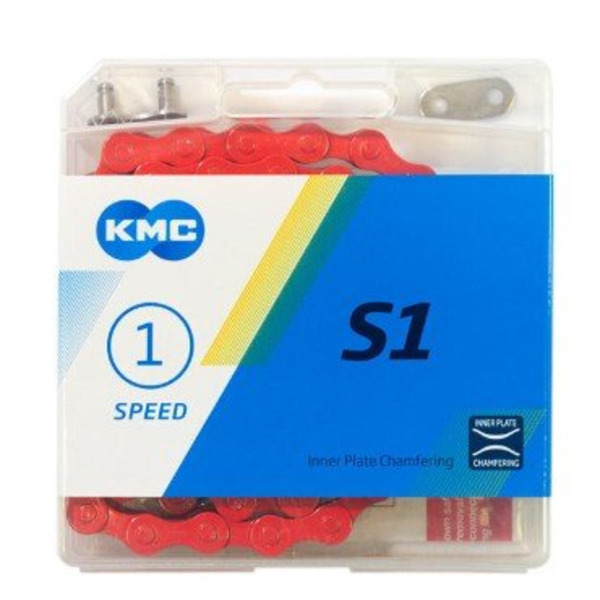 Цепь велосипедная KMC S1 для 1 скорости, 1/2"х1/8", 112 звеньев, пин 8.6мм, с замком, красная, CH-KMC-S1-R