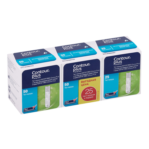 Тест-полоски Контур Плюс к системе д/измерения уровня глюкозы Контур Плюс, 125 шт
