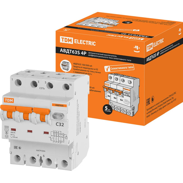 Дифавтомат TDM ELECTRIC АВДТ 63S 4P C32 SQ0202-0044