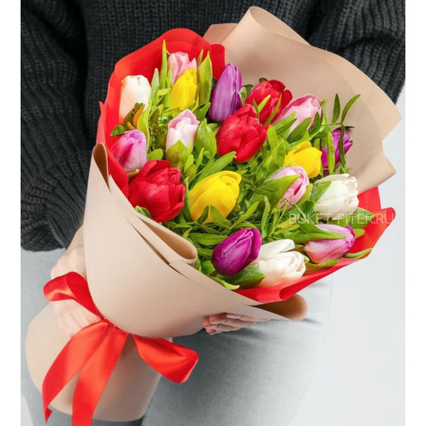 Букет Тюльпанов Микс в Упаковке с Фисташкой