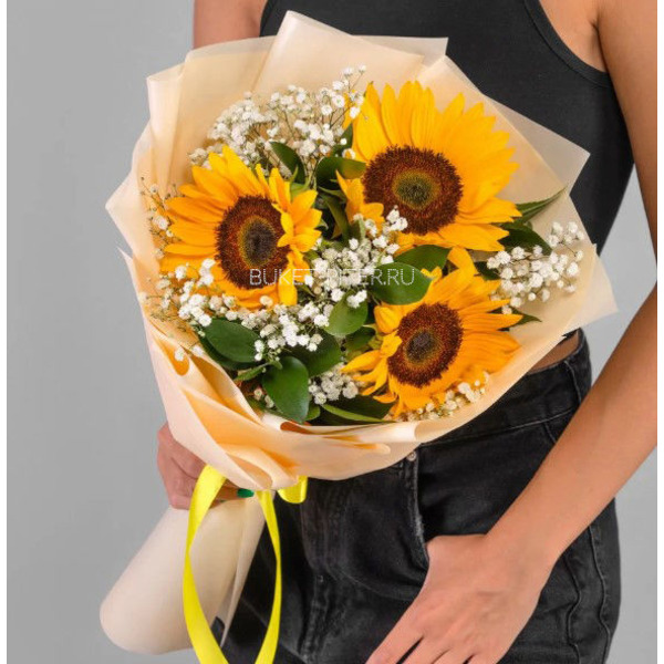 Букет Подсолнухов с Гипсофилой