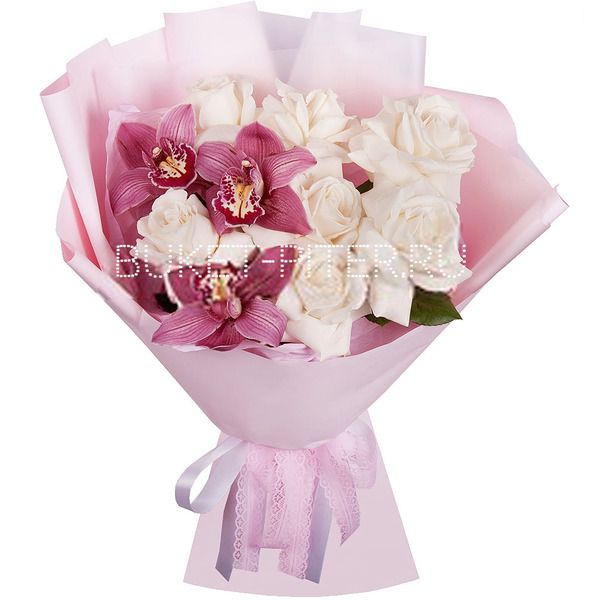 Букет Белых Роз и Красных Орхидей