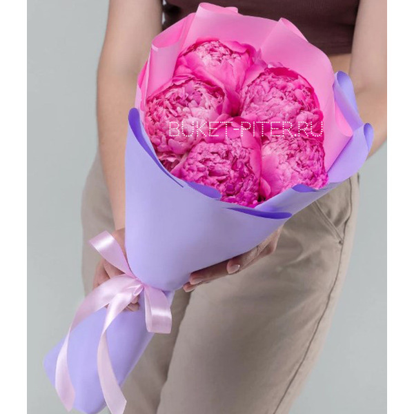 Букет из 5 Малиновых Пионов в Матовой упаковке LUX