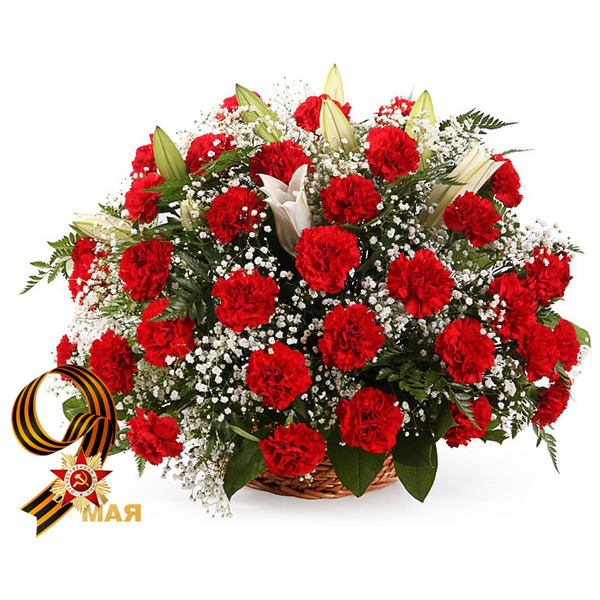 Корзинка с Красными Гвоздиками и Белой Лилией