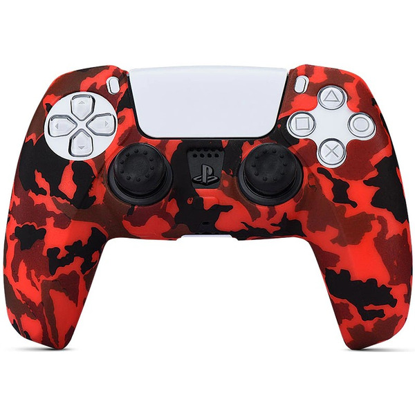 Силиконовый чехол для геймпада Sony DualSense (красный камуфляж) + 2 накладки на стики
