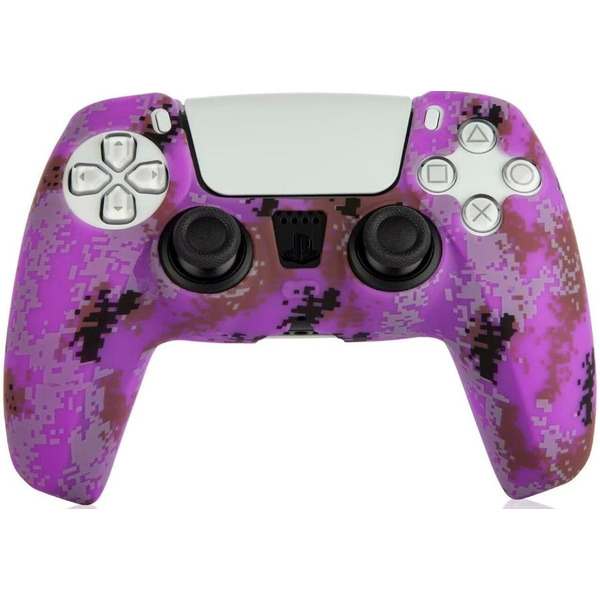 Силиконовый чехол для геймпада Sony DualSense (фиолетовый камуфляж) + 2 накладки на стики