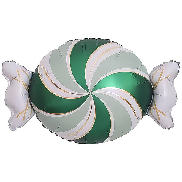 Шар (25"/64 см) Фигура, Конфета, Золотые полоски, Зеленый/Белый, 1 шт.