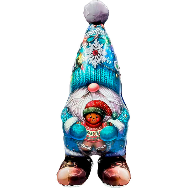Шар 3D (35"/89 см) Фигура на подставке, Новогодний гном с подарком, 1 шт. в уп.