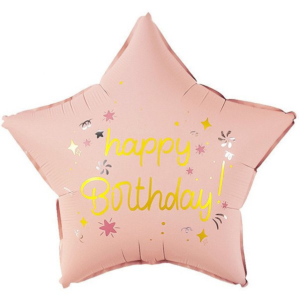 Шар (18"/46 см) Звезда, Happy Birthday (праздничные искры), Розовый, Сатин, 1 шт. в уп.
