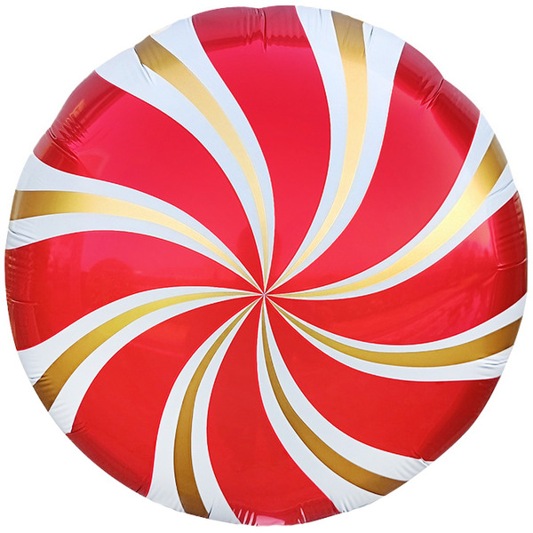 Шар (18"/46 см) Круг, Леденец, Красный/Золото, 1 шт. в уп.