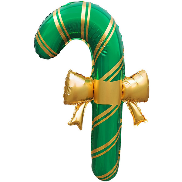Шар (30"/76 см) Фигура, Леденец трость, Золотой бант (надув воздухом), Зеленый, 1 шт. в уп.