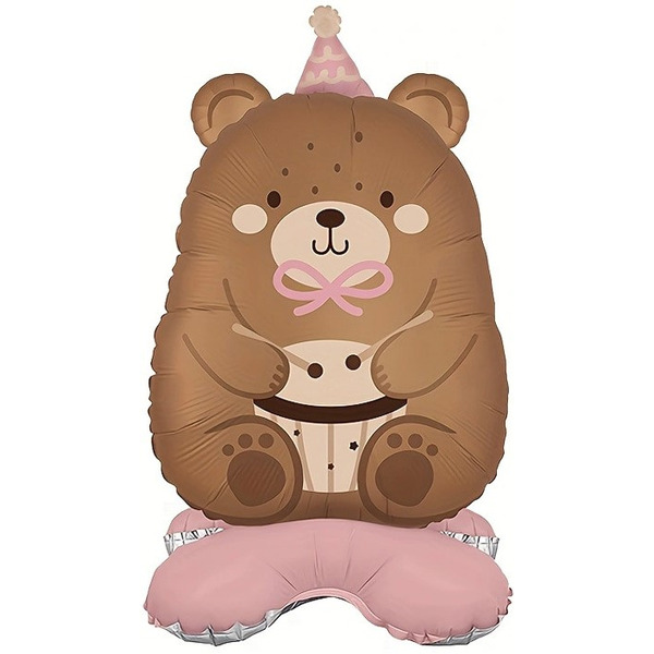 Шар 3D (24"/61 см) Фигура на подставке, Мишка в розовом колпачке, 1 шт.