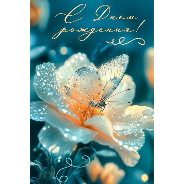 Открытка, С Днем Рождения! (бабочка и цветок), с блестками, 12,2*18,2 см, 10 шт.