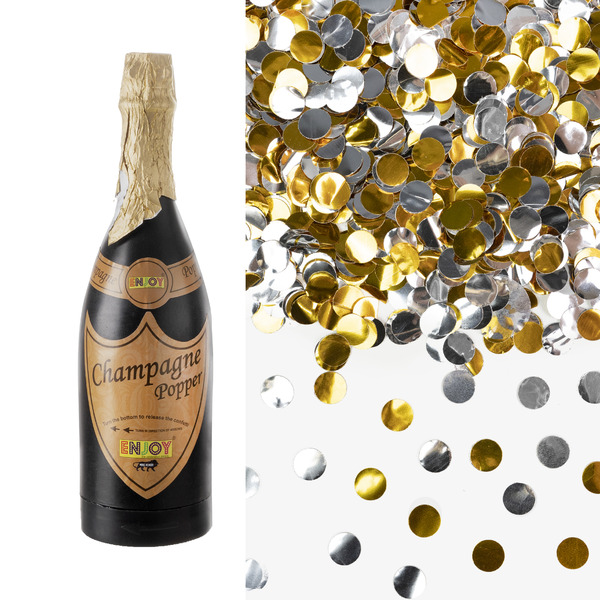 Пневмохлопушка (16/40 см), Бутылка Шампанское, Круги фольга, Золото/Серебро, Металлик, 1 шт.