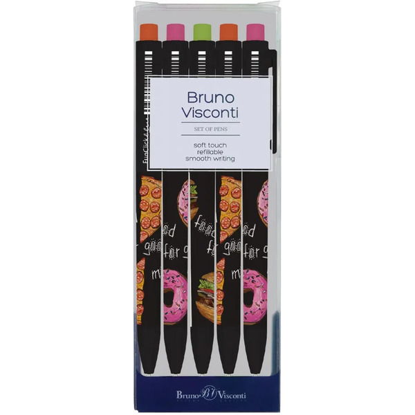 Набор из 5 шариковых ручек, FunClick. Food in black, синие