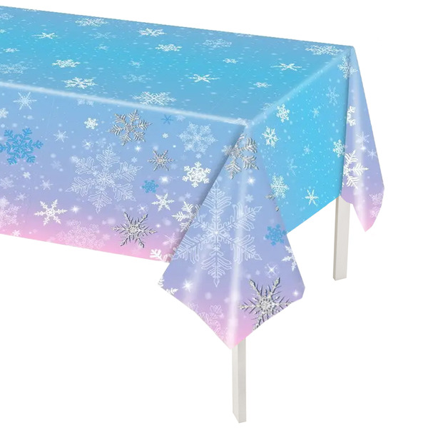 Скатерть одноразовая, Волшебные снежинки, Голубой, Градиент, 137*274 см, 1 шт.