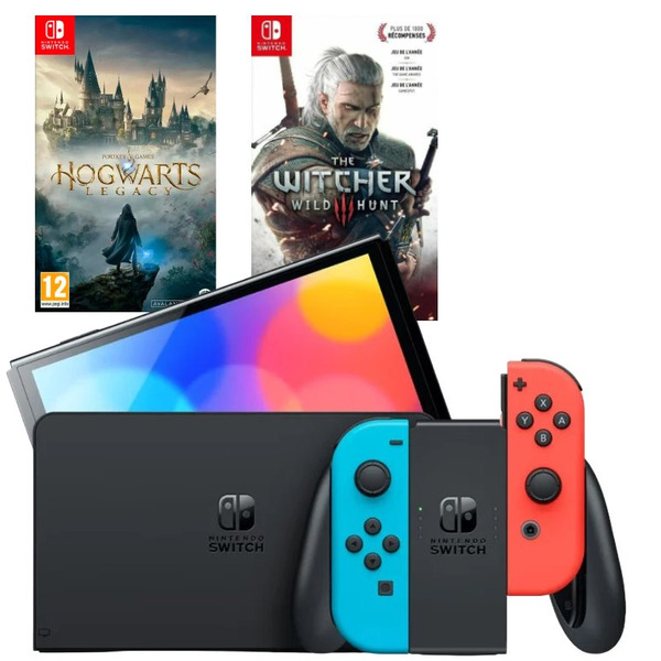 Игровая приставка Nintendo Switch OLED 64GB (неоновый красный/неоновый синий) (AZ) + Игра Hogwarts Legacy + Игра Ведьмак 3: Дикая охота