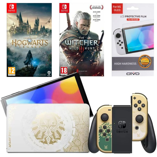 Игровая приставка Nintendo Switch OLED 64 GB Zelda: Tears of the Kingdom Edition (JP) + Игра Hogwarts Legacy + Игра Ведьмак 3: Дикая охота + Защитная плёнка OIVO
