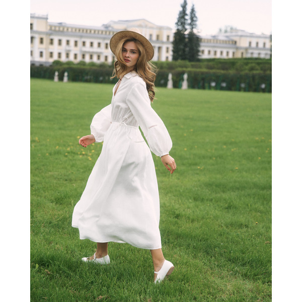 Платье с кружевными вставками, из тенселя и льна, белый