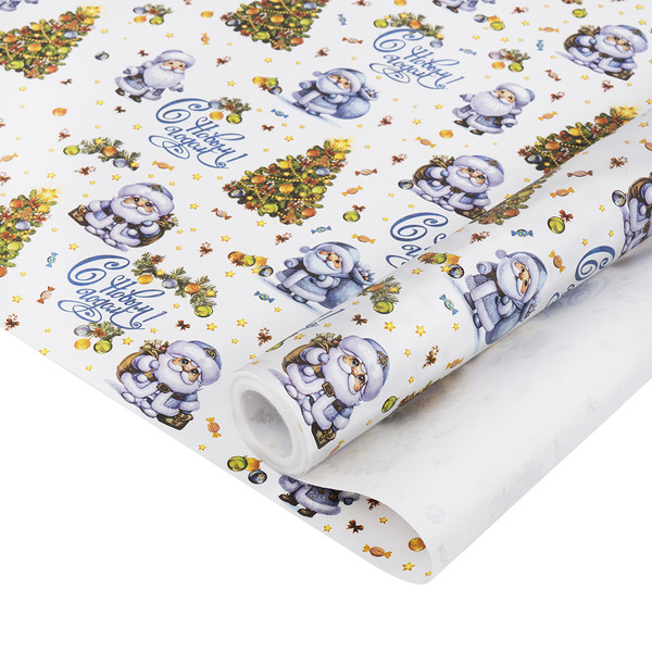 Упаковочная бумага, Крафт 70гр (0,68*10 м) Дед Морозы, Белый, 1 шт.