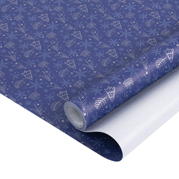 Упаковочная бумага, Крафт 60гр (0,68*10 м) Новогодние елочки, Синий, 1 шт.
