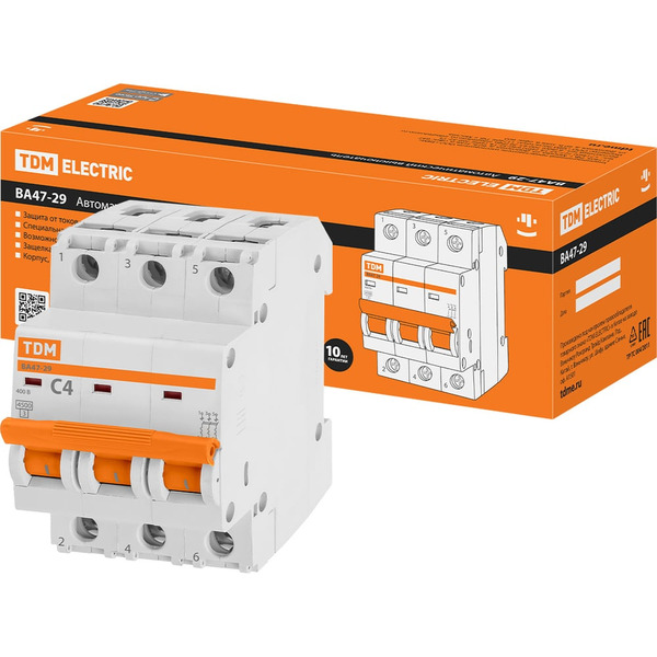 Автомат TDM ELECTRIC ВА47-29 3Р, 4 А, 4,5 кА, С SQ0206-0103